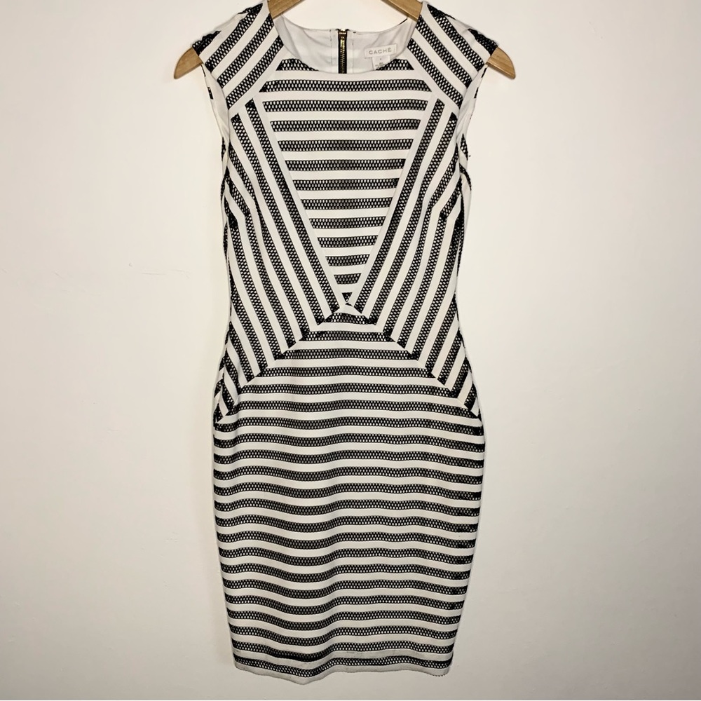 Cache Black White Striped Cap Sleeve Midi Dress Size: 0